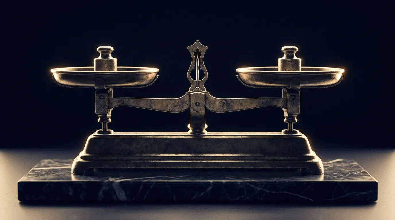 Antique brass balance scale in gold light