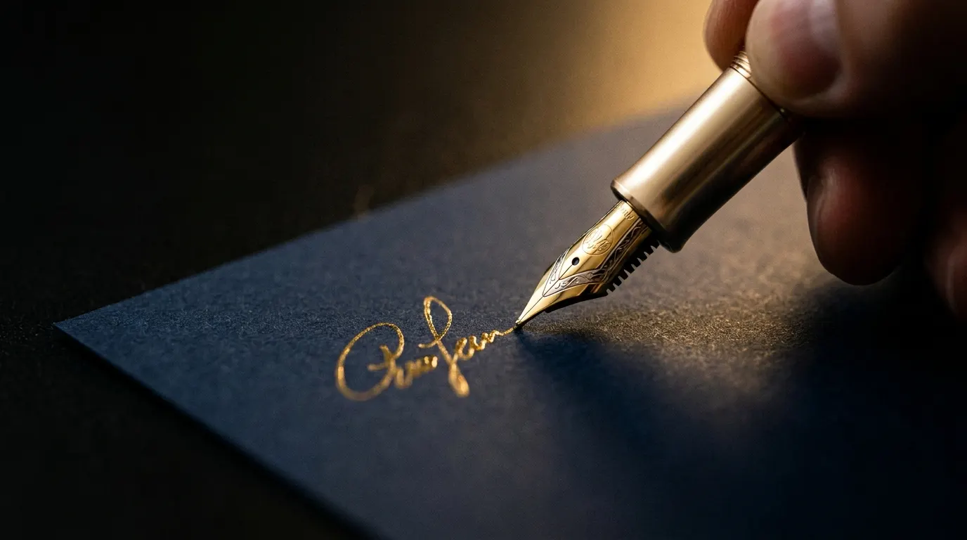 Gold fountain pen signing a document